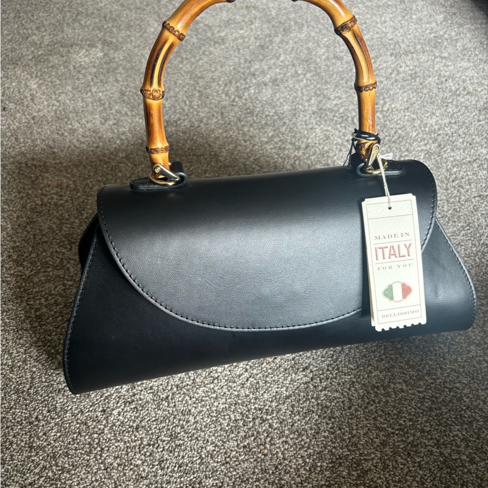 Italian (Divina Firenze) Black Leather Handbag with Bamboo Handle NWT